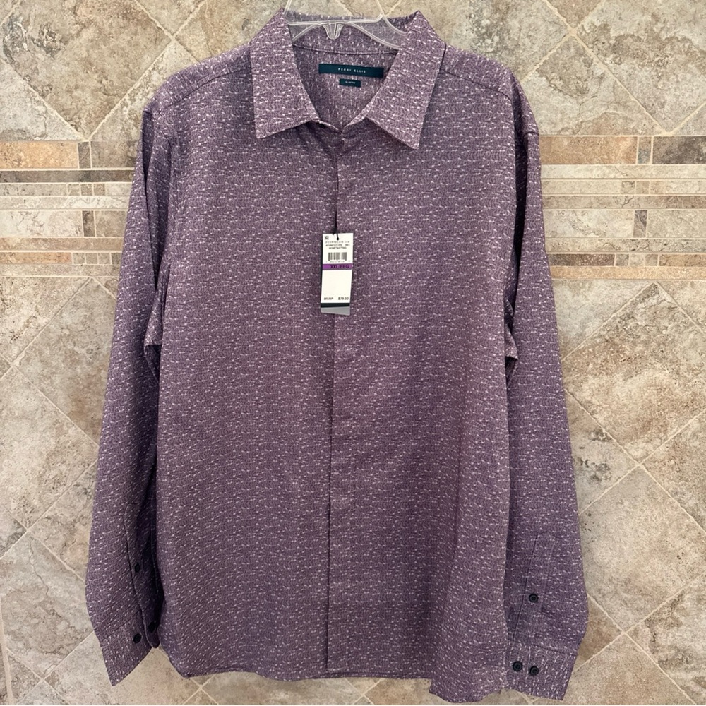 Perry Ellis Men's long sleeve slim fit dress shirt purple/wine  size XXL shimmer